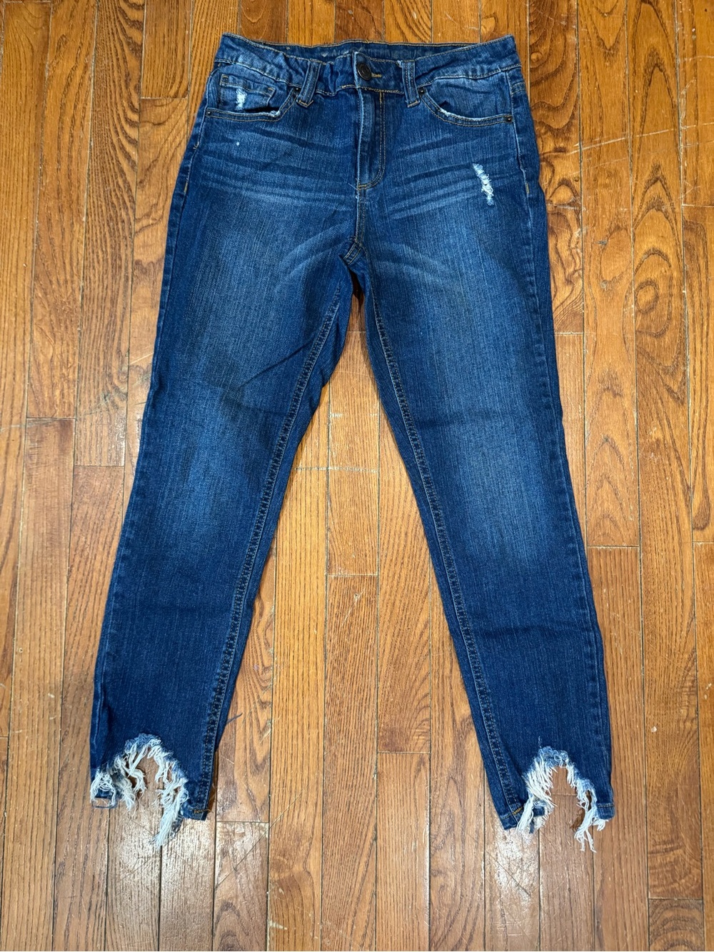 Almost Famous Dark Blue Frayed Ankle Skinny Jeans